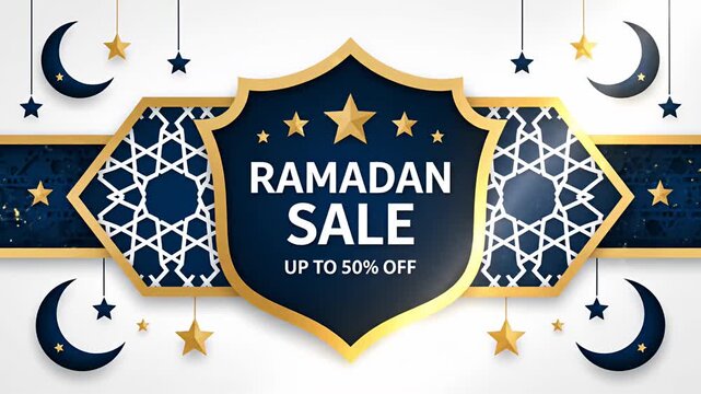 Blue and gold Ramadan sale banner with Islamic geometric patterns