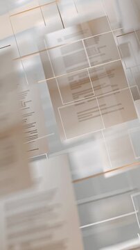 Flying business documents and paperwork floating smoothly through transparent glass rectangles