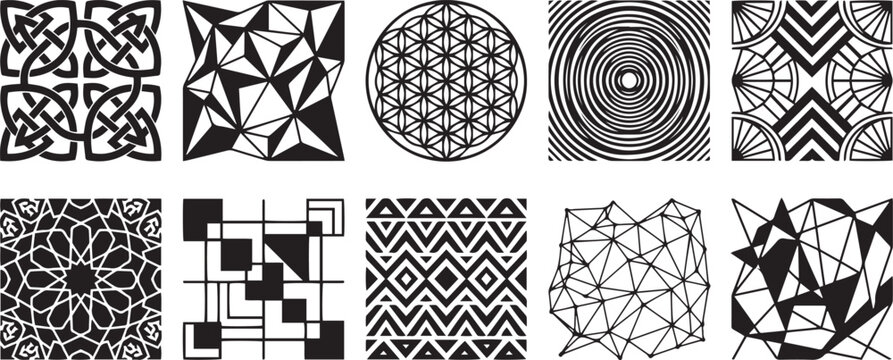 Set Of Abstract Black Geometric Patterns Featuring Celtic Knots Sacred Geometry Mandalas Tribal Chevrons Low Poly Shapes And Minimalist Network Lines