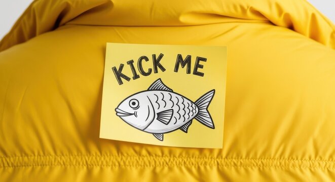 Yellow Jacket Prank Theme April Fools Joke Design Kick Me Sign Sticker Cutout Funny Fish Prank Concept Humorous April Fool Message Illustration Yellow Background Prank Wallpaper Background image