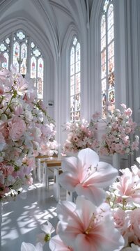 Beautiful bright white church interior decorated with lovely pink blooming flowers.