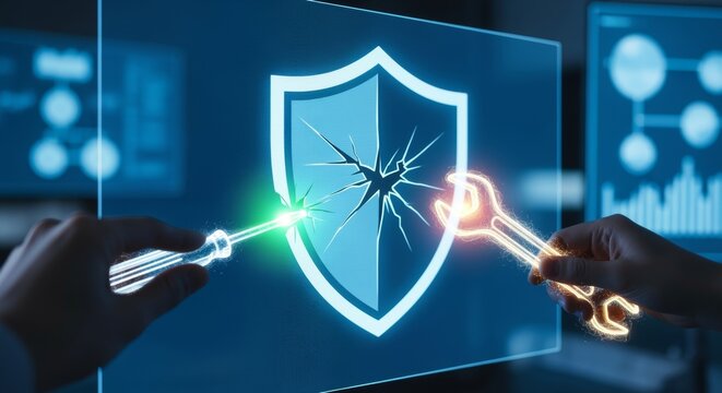 Digital shield being repaired with tools, symbolizing cybersecurity