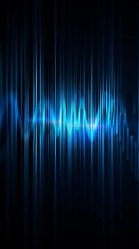 Abstract blue glowing audio sound wave frequency lines pulsating on a dark background