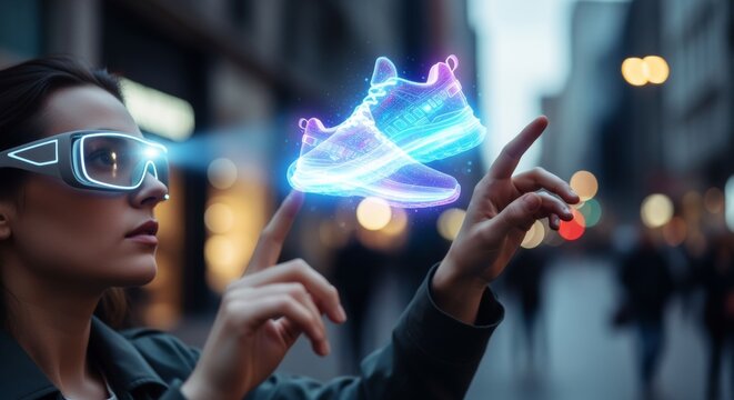 Futuristic glowing shoe hologram held by person's hands