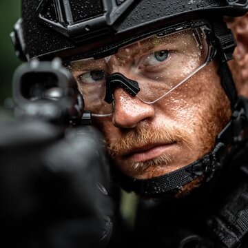 Close up portrait of a sweaty tactical soldier aiming a rifle in the heavy rain