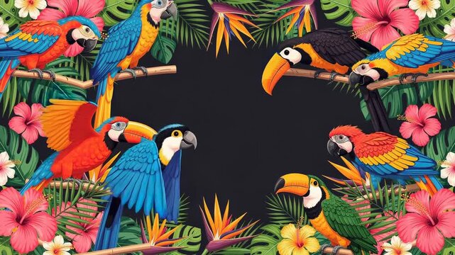 Vibrant tropical scene with colorful parrots and toucans perched among lush green foliage in exotic rainforest