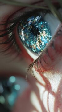 Close up of a human eye with a glowing digital circuit grid reflecting in the iris.