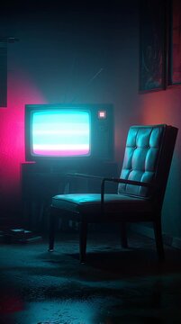Retro vintage television glowing with neon pink and blue light in dark living room
