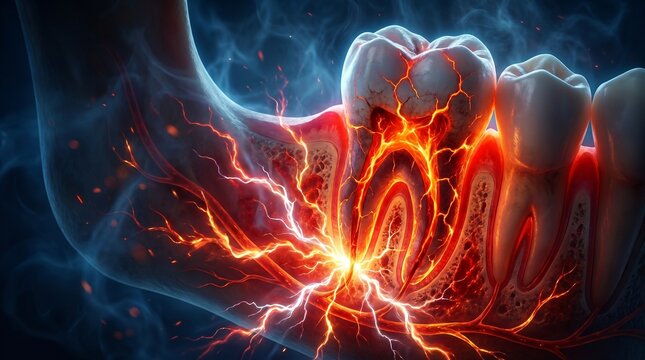 Conceptual illustration of severe toothache and intense dental nerve pain within the human jaw, depicting inflamed pulp and root with radiating electrical energy