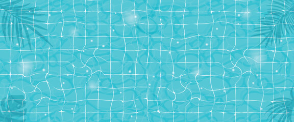 Obraz premium Blue tiled pool water surface light refraction and palm leaf shadows texture for summer background, resort design and tropical branding.