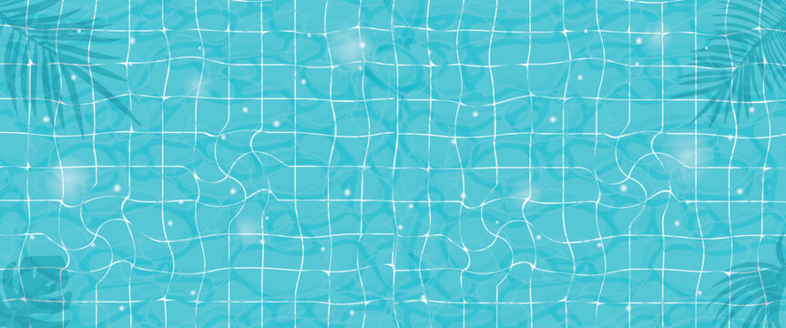 Blue tiled pool water surface light refraction and palm leaf shadows texture for summer background, resort design and tropical branding.