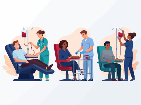 Diverse People Donating Blood in a Clinic with Medical Professionals Assisting, Healthcare and Charity Concept Illustration