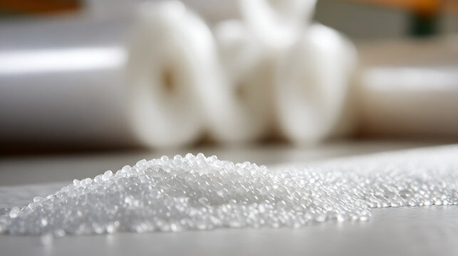 Close-up of translucent white polymer pellets on a surface, with blurred rolls of material in the background, showcasing raw plastic granule texture
