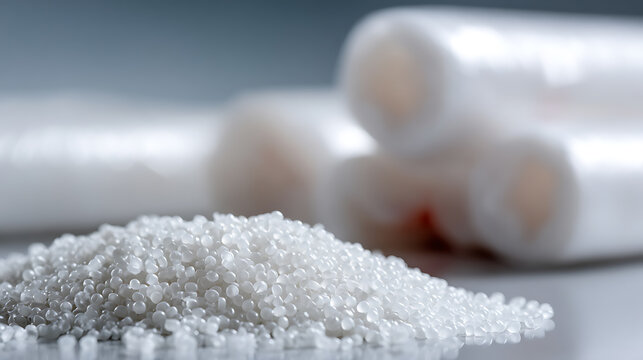 Close up view of white plastic granules on a reflective surface with blurred plastic rolls in the background, showcasing industrial materials