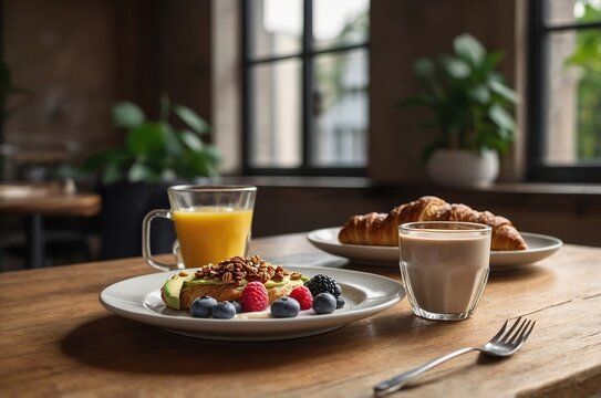 Desayuno completo con caf&eacute;, zumo, croissant y frutas en mesa elegante estilo cafeter&iacute;a