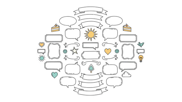 Frame of Conversation: Hand-drawn conversational elements arranged in a circle, featuring speech bubbles, banners, and decorative icons. Perfect for design, communication, or storytelling. 