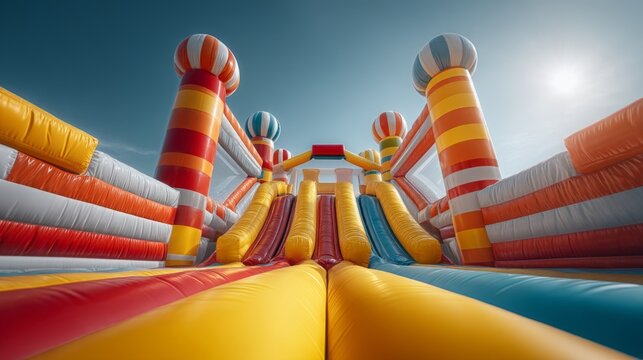 Colorful Inflatable Bounce Castle with Tall Slides and Bright Colors