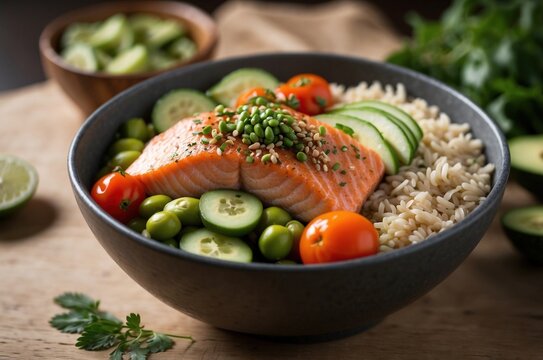 Bowl nutritivo de salm&oacute;n con arroz, pepino, aguacate, tomate y guisantes, comida saludable colorida