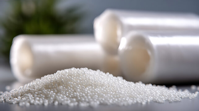 Close-up of white plastic granules with blurred rolls of film in the background, chemical pellets for manufacturing and industrial concepts