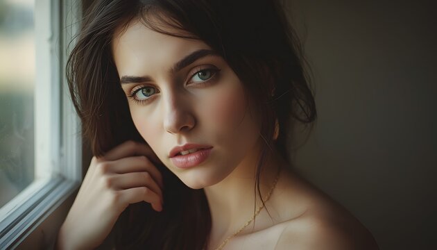 Intense Dark Haired Woman with Piercing Gaze Sitting Near Window