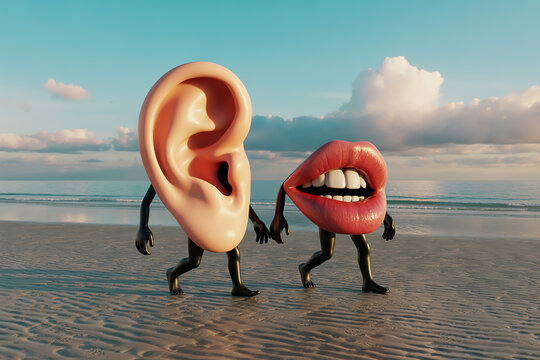 A surreal digital artwork of an ear and lips walking on a sandy beach at sunset
