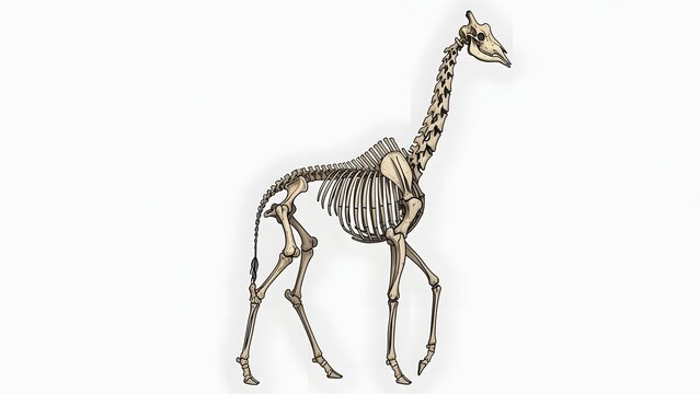 Detailed scientific illustration of an African giraffe's complete skeletal structure in a walking posture, showcasing vertebrate anatomy for educational and biological study