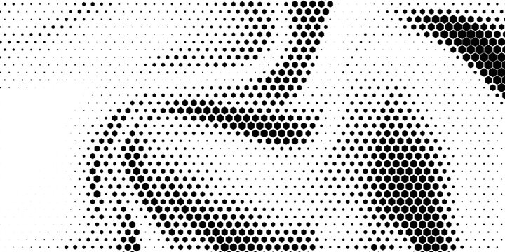 Black hexagon gradient texture. Fading honeycomb pattern background. Geometric hexagonal halftone tech overlay backdrop. Horizontal grunge halfton wallpaper. Vector retro technology dot texure