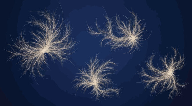 Abstract background with glowing light particles in the shape of delicate feathers or dandelion seeds floating in deep blue space