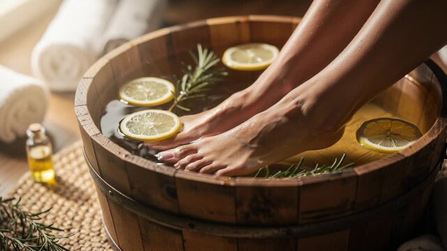 Relaxing spa treatment with feet soaking in wooden tub for ultimate wellness and stress relief