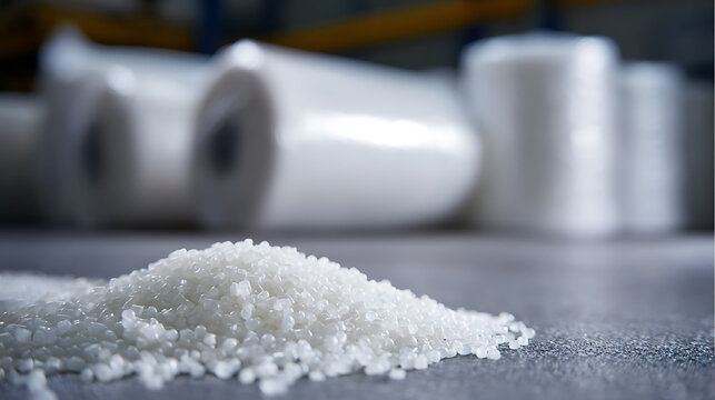 Close-up of white plastic granules with blurred large rolls of film in the background, showcasing raw materials for manufacturing