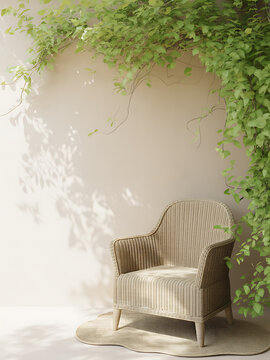 A serene scene featuring a beige chair surrounded by lush greenery indoors with natural light casting shadows on the wall.