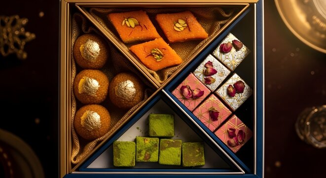 3D luxury box of assorted Indian sweets and mithai top view