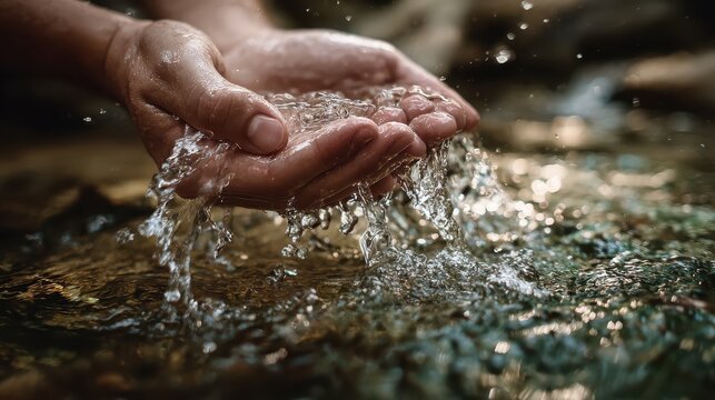 Hands cupped holding clear water flowing through fingers outdoors