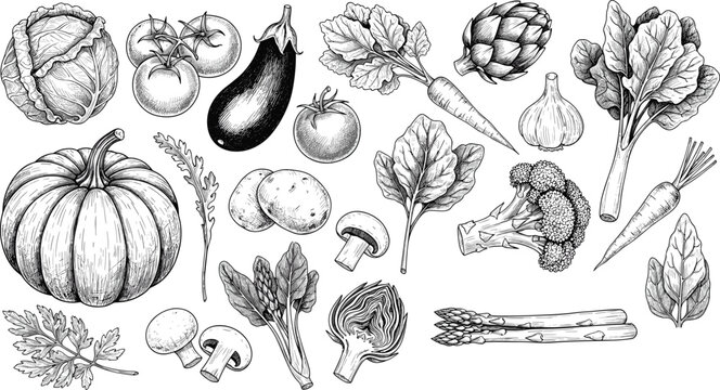 Vegetable engraving vector set. Pumpkin, eggplant, artichoke, carrot and leafy greens sketch collection. Hand drawn vintage food illustration in monochrome style for menu and packaging design.