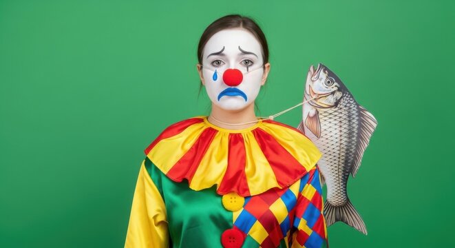 Sad clown theme Crying mime design Melancholy jester art Humorous prank concept Colorful costume graphic Green screen backdrop Paper fish illustration Foolish april fools Wallpaper Background image