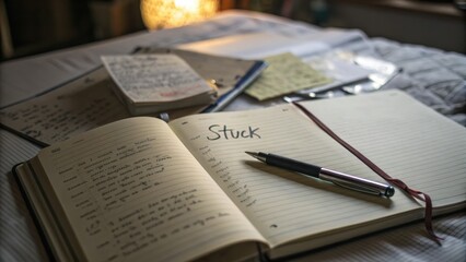 Obraz premium Creative Writing Process with Pen, Notebook, and Paper Notes