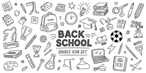 Hand drawn school doodle line icons collection with editable stroke, featuring education elements isolated on white background for design use. © ABUBOKKORsiddik