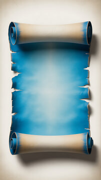 A vibrant blue parchment scroll unrolls horizontally on a surface