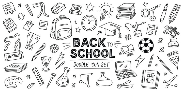 Hand drawn school doodle line icons collection with editable stroke, featuring education elements isolated on white background for design use.