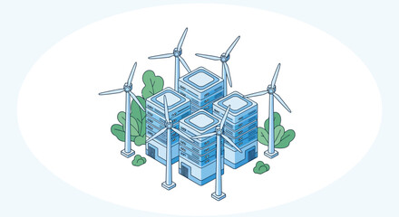 Obraz premium Isometric vector illustration of a green data center featuring four blue server racks integrated with five wind turbines and stylized green foliage on a white background.