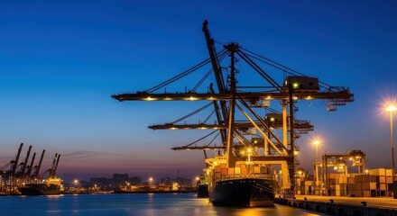 Fototapeta premium Nighttime Cargo Port with Cranes and Containers under Blue Sky