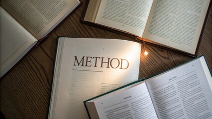 Fototapeta premium Open Books on Wooden Table with Focus on Word Method
