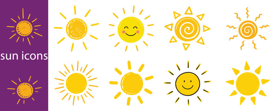 Cute doodle sun set. Set of illustrations in hand drawn style.

