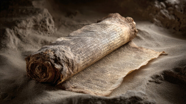 Ancient Parchment Scroll with Hebrew Script Lying in Desert Sand, Mysterious Archeological Discovery of Dead Sea Scrolls in a Cave Setting, Antique Weathered Manuscript for History and Religious Study