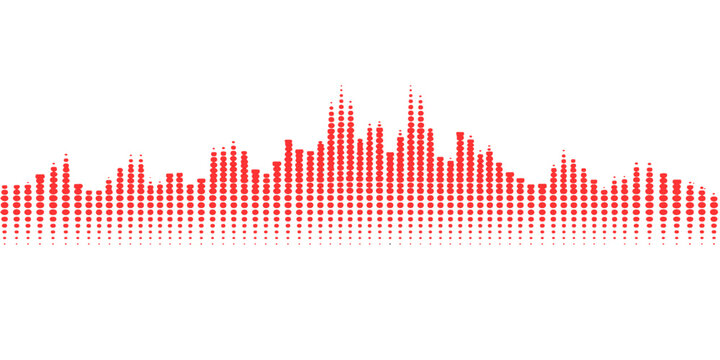 Abstract red music background featuring a digital audio wave equalizer illustration with glowing light pulses and technology frequency lines for modern radio and disco sound design