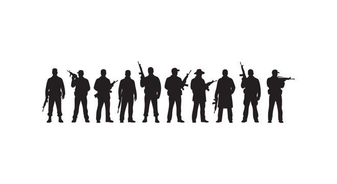 Group of armed military soldiers standing in line isolated on white background as tactical combat team ready for mission.