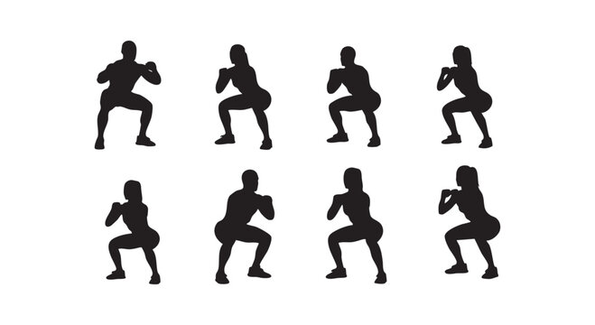 Group of athletes performing squats workout exercises for fitness training health wellness concept black silhouette set.