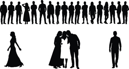 Black silhouette collection of diverse people standing, walking, and interacting in various poses emphasizing human posture and body language © Rokon