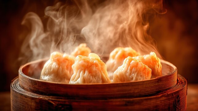 Steaming dumplings in a wooden steamer basket food photography close up