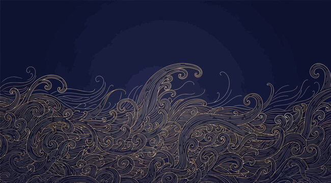Traditional japanese wave pattern background with gold line art on dark blue